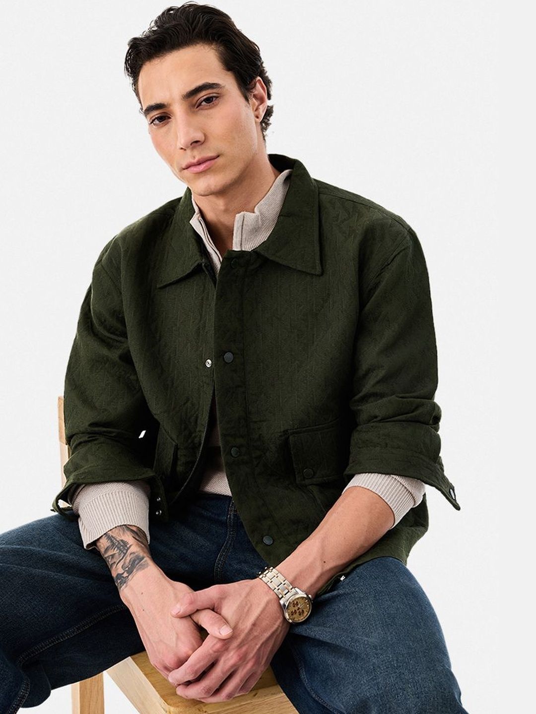 Snitch Olive Green Textured Jacket