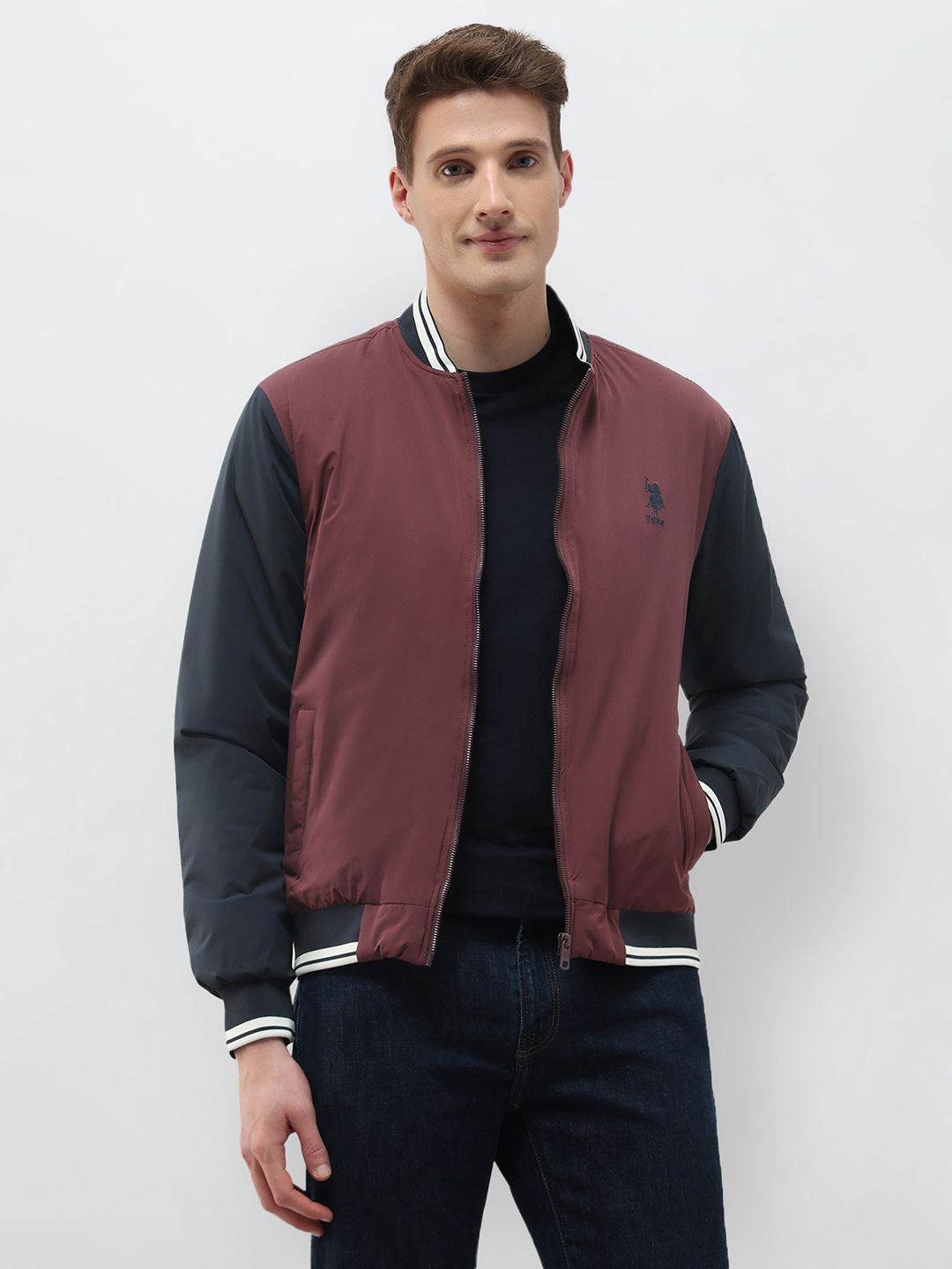 U.S. Polo Assn. Denim Co.Colour Blocked Regular Fit Varsity Jacket