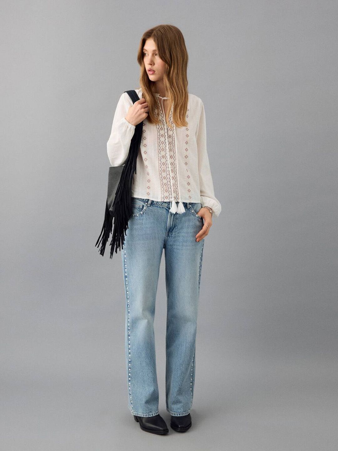Embroidered Tie-Up Neck Beaded Pure Cotton Top