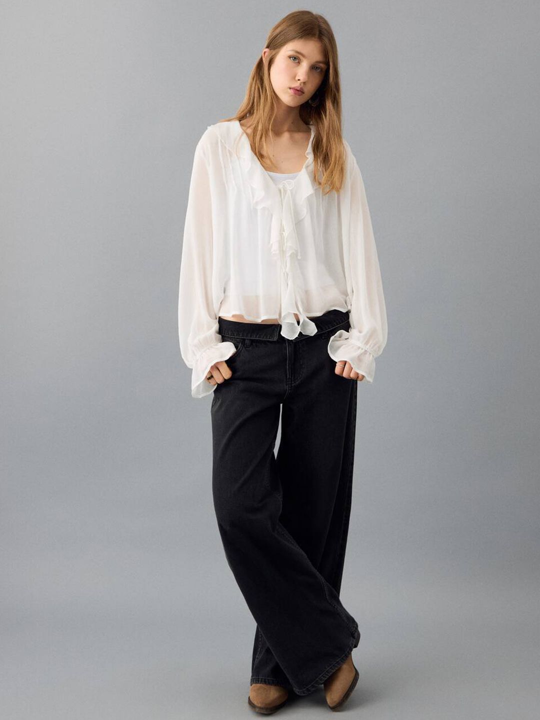 Tie-Up Neck Bell Sleeve Ruffles Top
