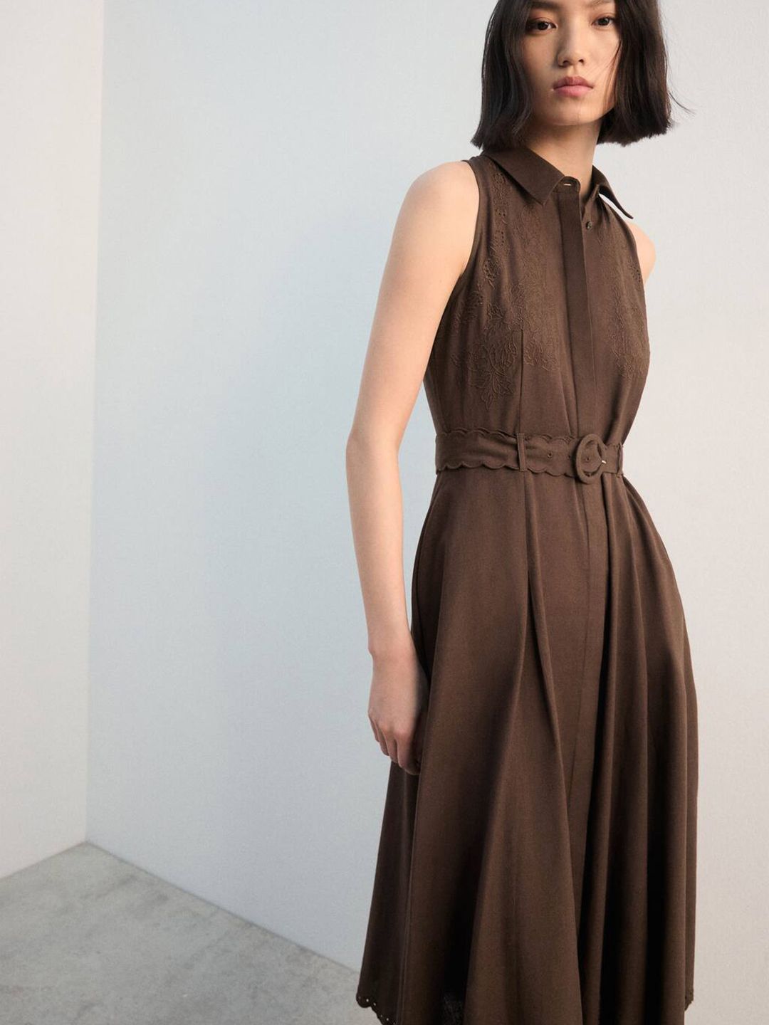 Floral Embroidered Cotton linen Midi Shirt Dress with Belt & Cut-out Detail
