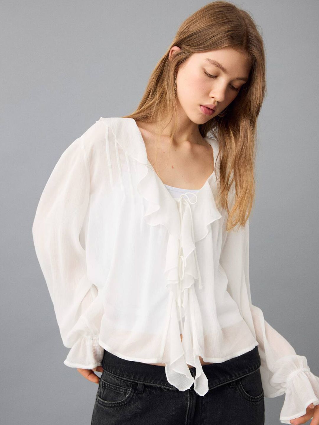 Tie-Up Neck Bell Sleeve Ruffles Top