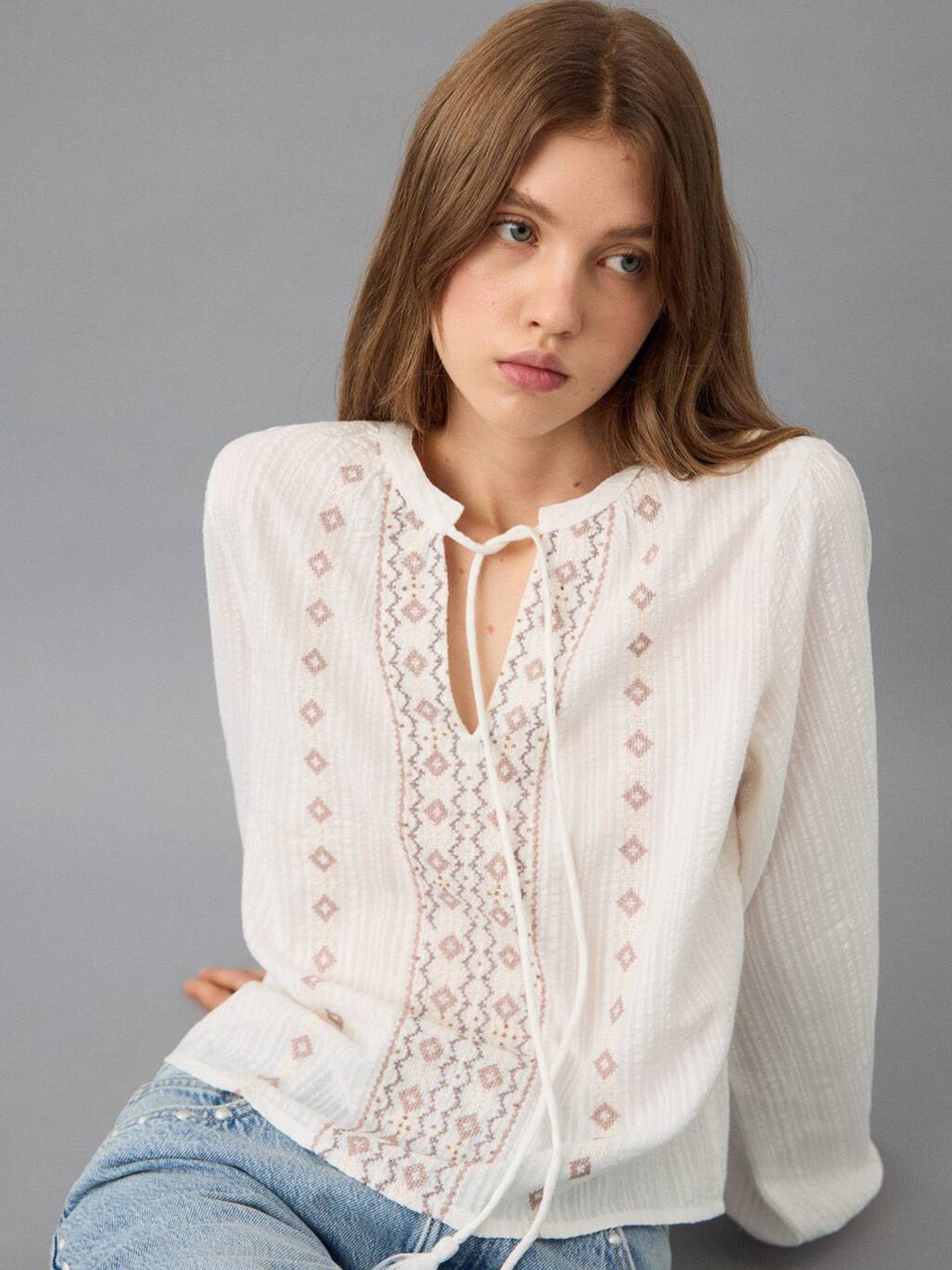 Embroidered Tie-Up Neck Beaded Pure Cotton Top