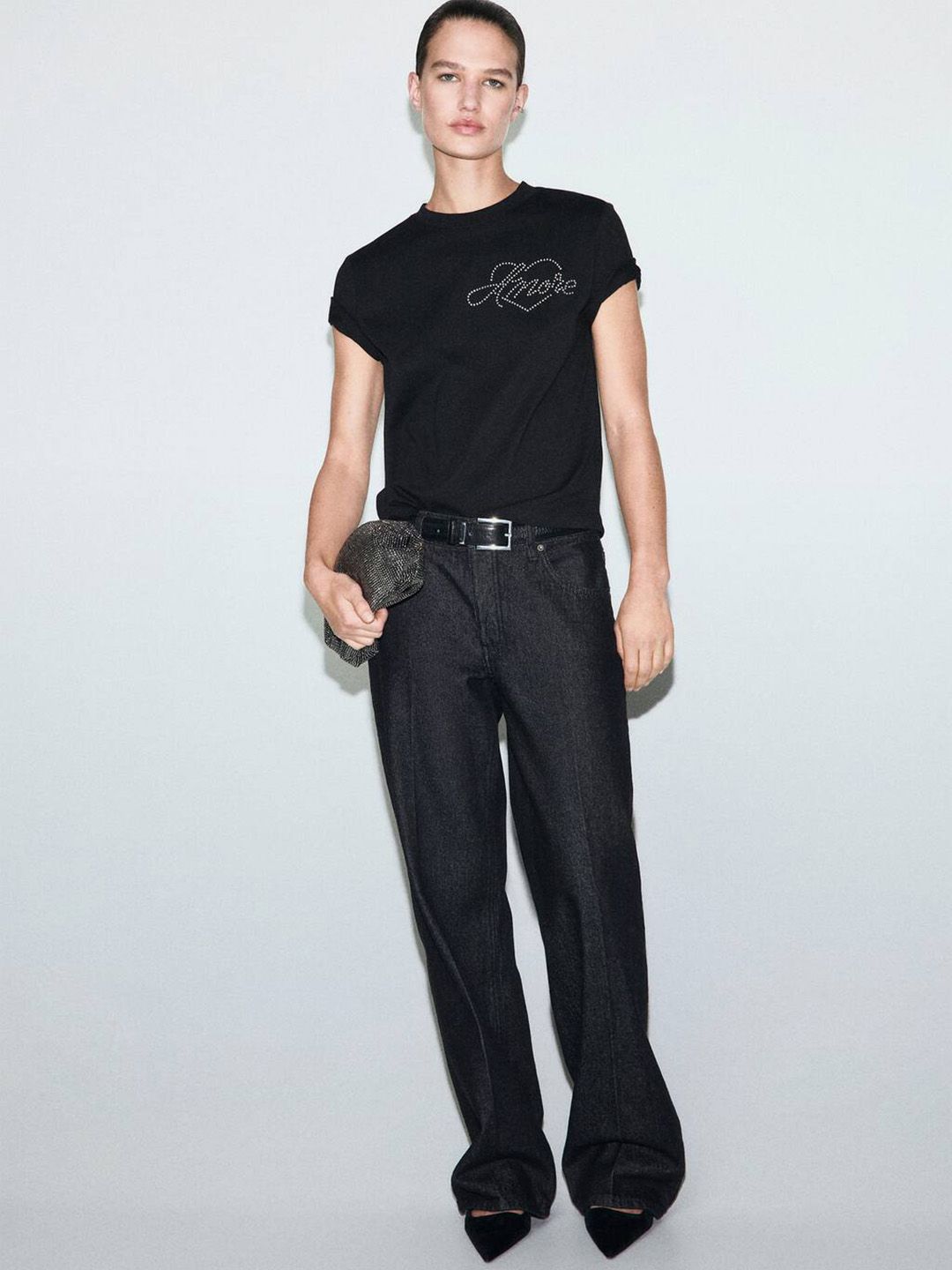 Typography Printed Pure Cotton T-shirt with Sequined Detail