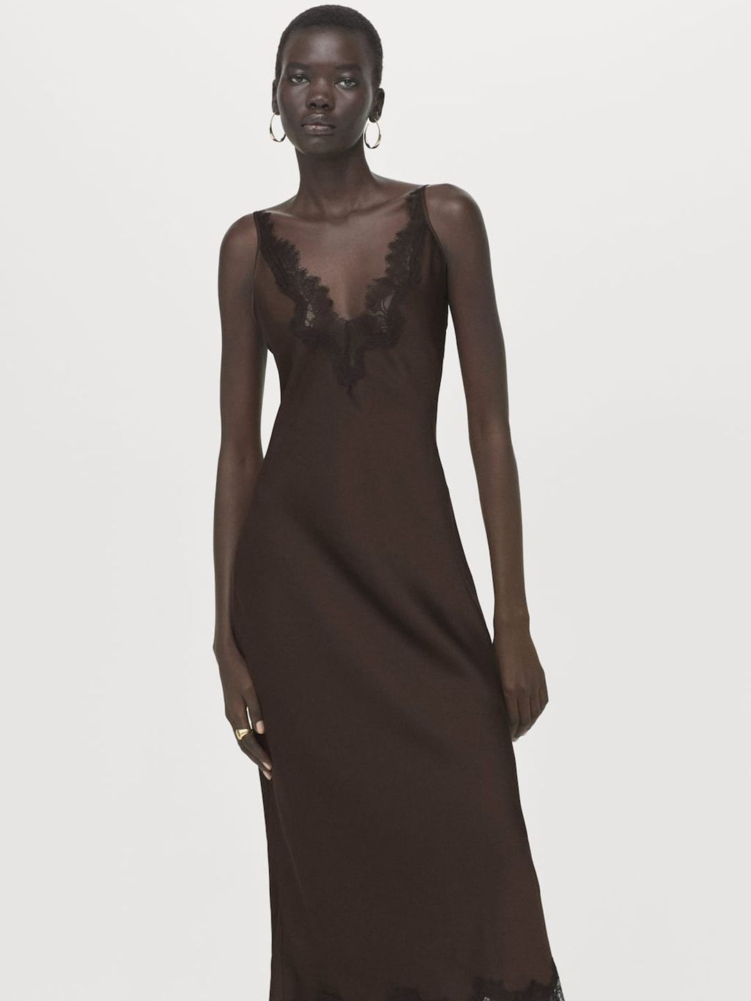 Satin Lace Inserts A-Line Midi Dress