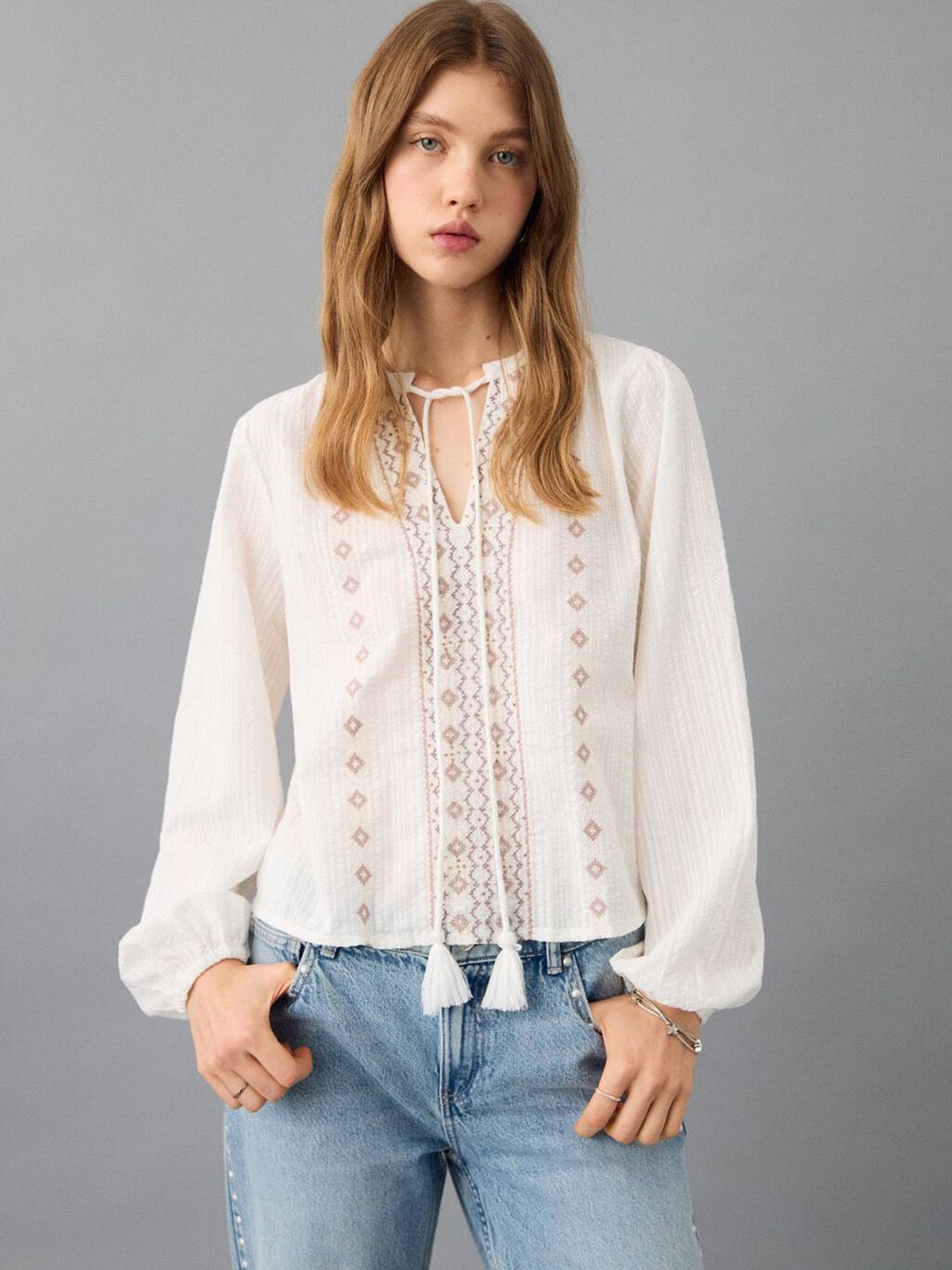 Embroidered Tie-Up Neck Beaded Pure Cotton Top