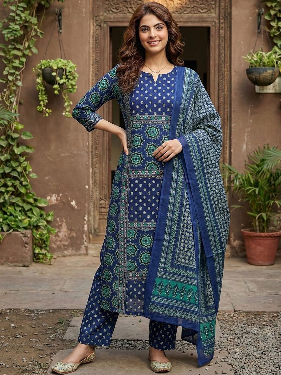 Anouk Women Ethnic Motifs Printed Regular Pure Cotton Kurta with Trousers & With Dupatta