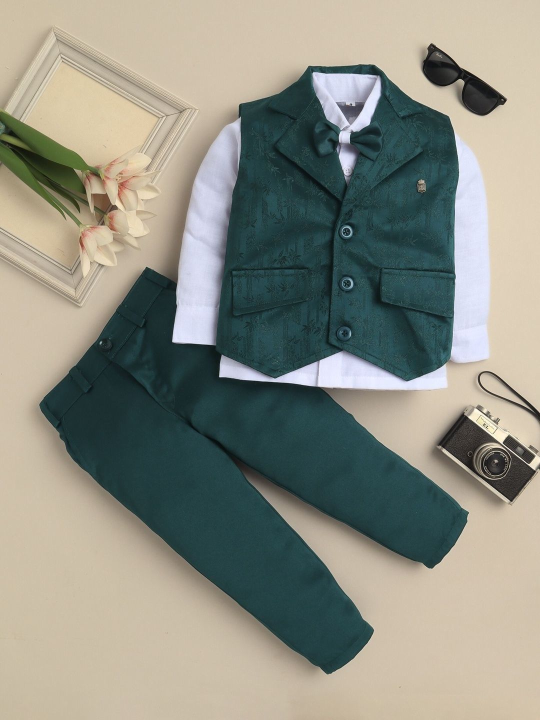 KALINI Boys Leaf Pattern 3 Piece Suit With Bow