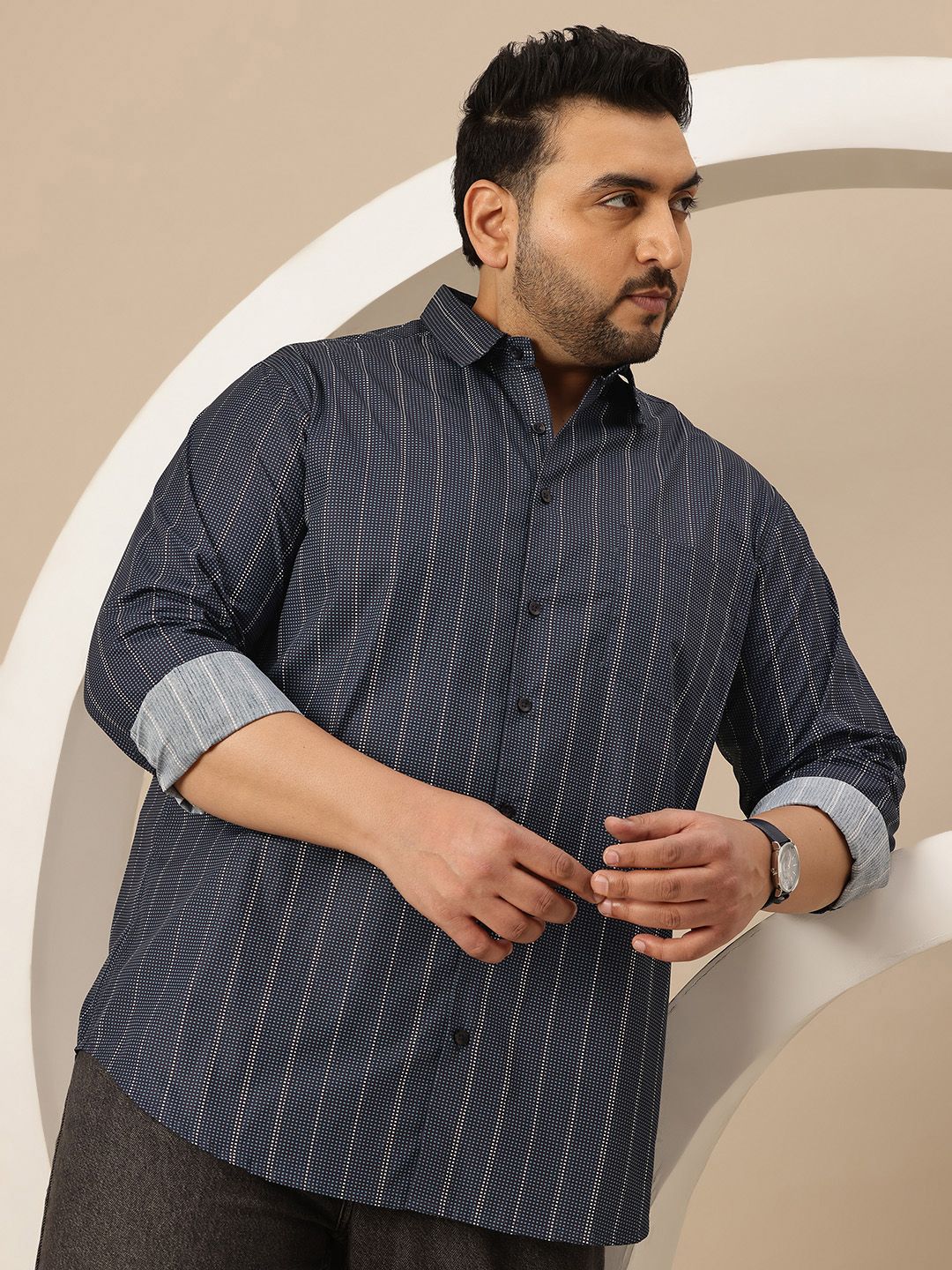 Sztori Plus Size Micro Ditsy Print Striped Casual Shirt
