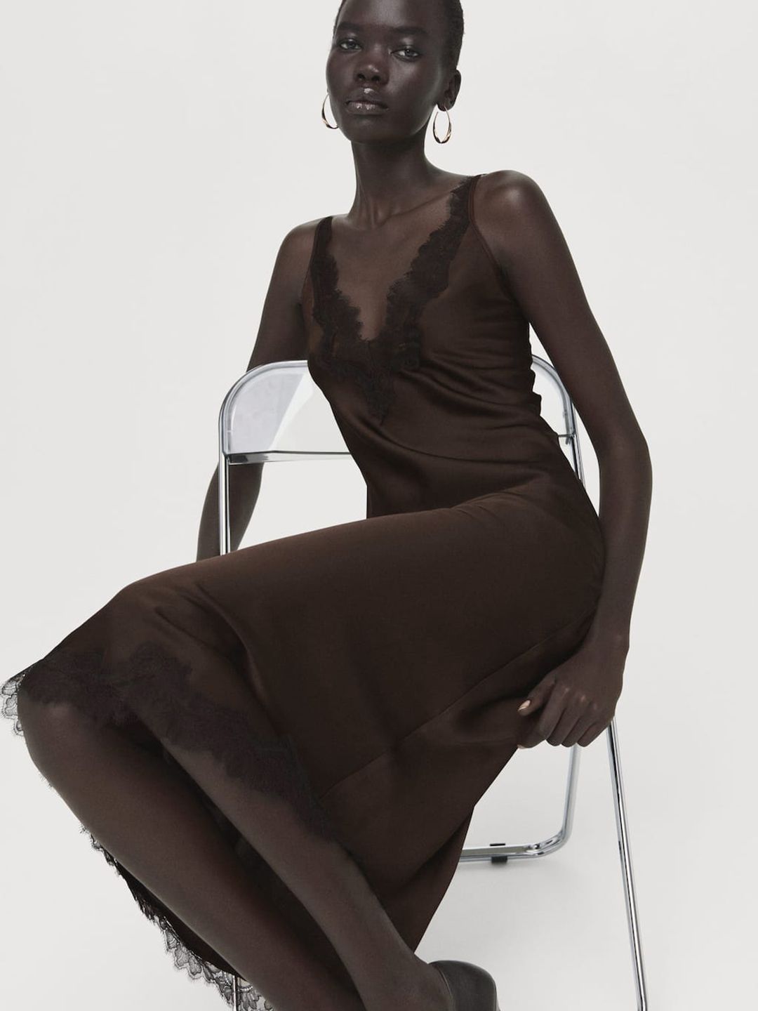 Satin Lace Inserts A-Line Midi Dress