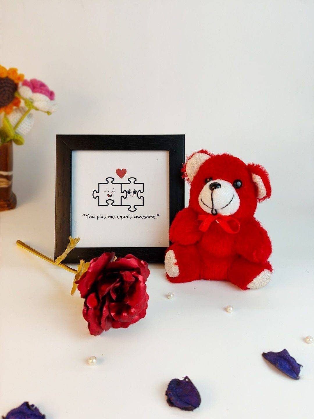 Giftii Red Bamboo Cute Couple Puzzle Frame & Teddy Gift Set