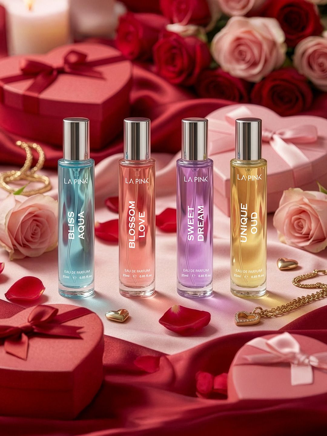 La Pink Set Of 4 Blossom Love- Bliss Aqua- Sweet Dream -Unique Oud Eau De Parfum- 25 ml