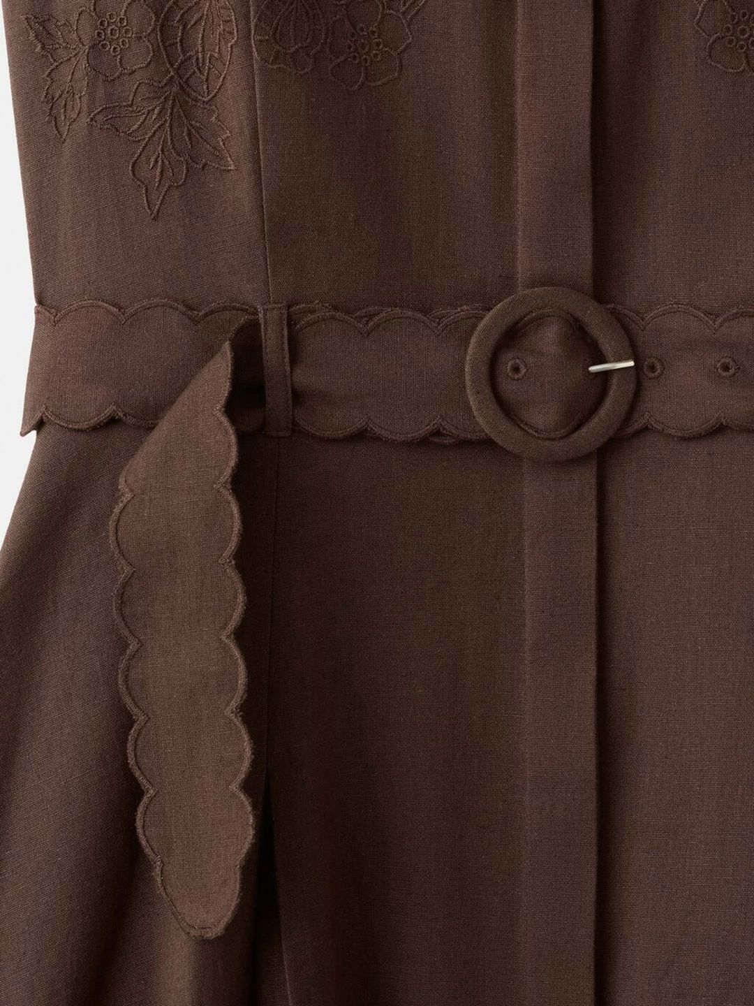 Floral Embroidered Cotton linen Midi Shirt Dress with Belt & Cut-out Detail