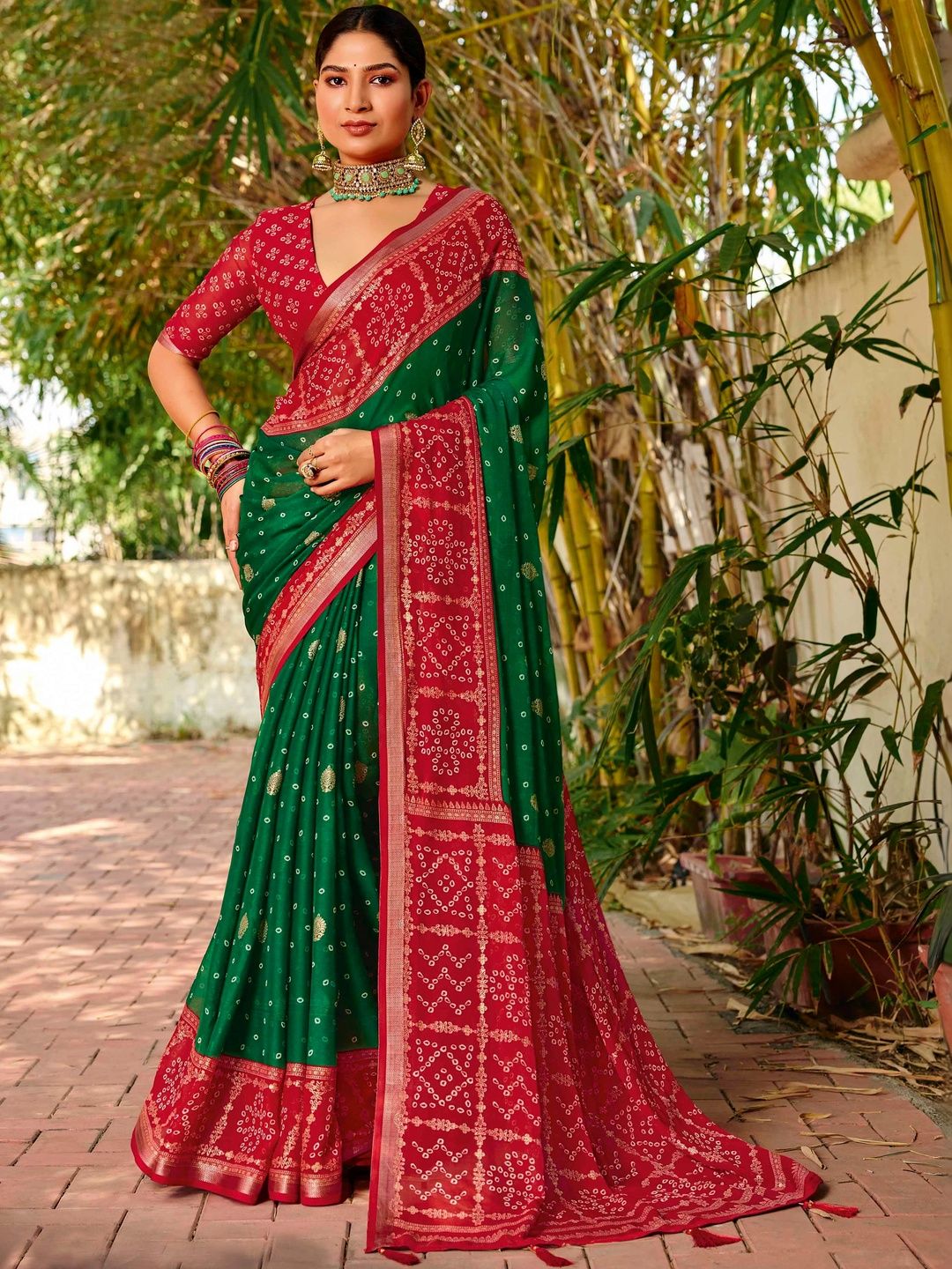Bandhani Poly Georgette Saree Dhaaga Ghar Bandhani Poly Georgette Half and Half Bandhani Saree