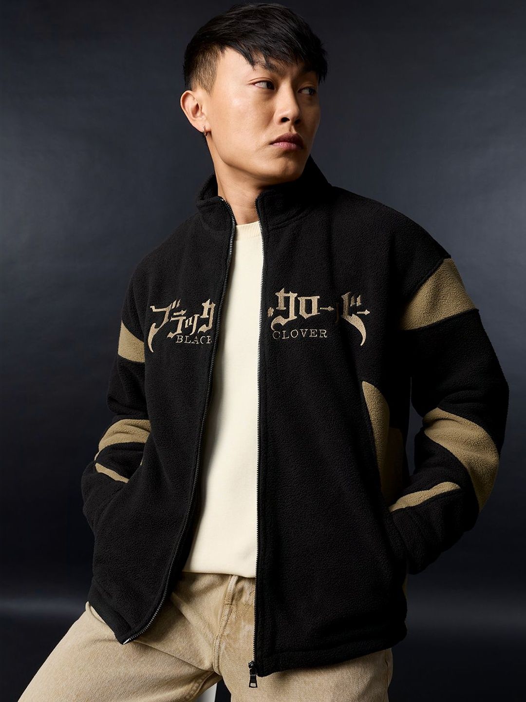 The Souled Store Men Oversized Fit Black Clover Printed Black Jackets