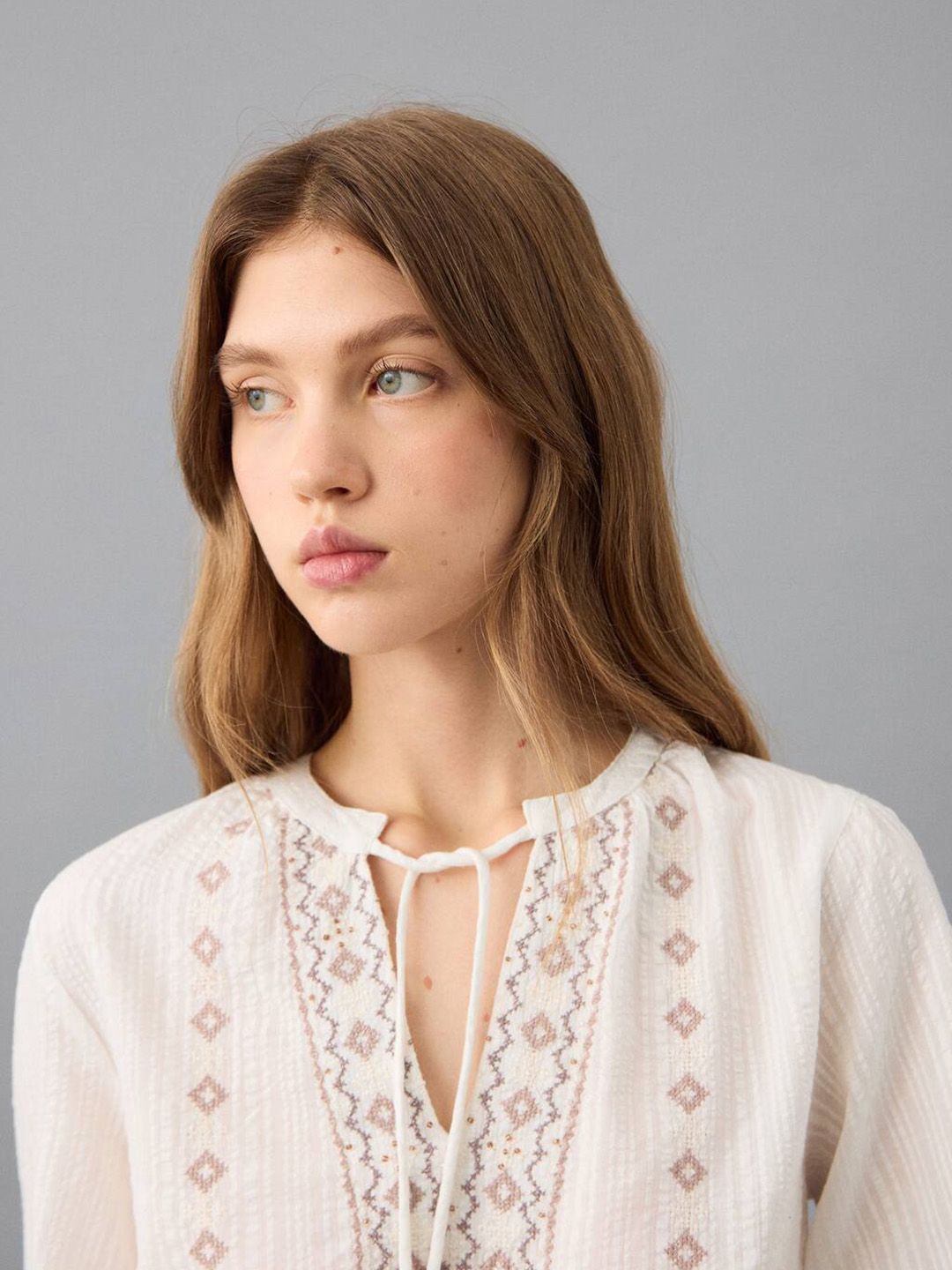 Embroidered Tie-Up Neck Beaded Pure Cotton Top