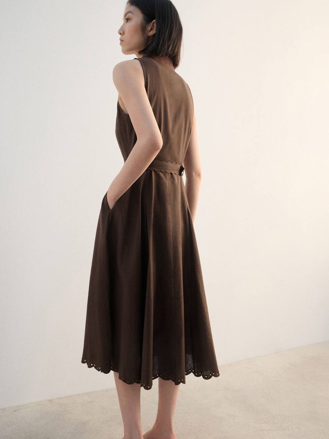 Floral Embroidered Cotton linen Midi Shirt Dress with Belt & Cut-out Detail