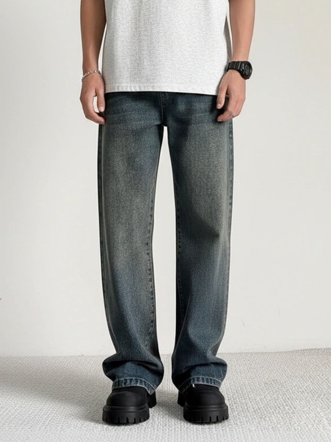 ANDREW HILL Men Wide Leg Mid-Rise Heavy Fade Jeans