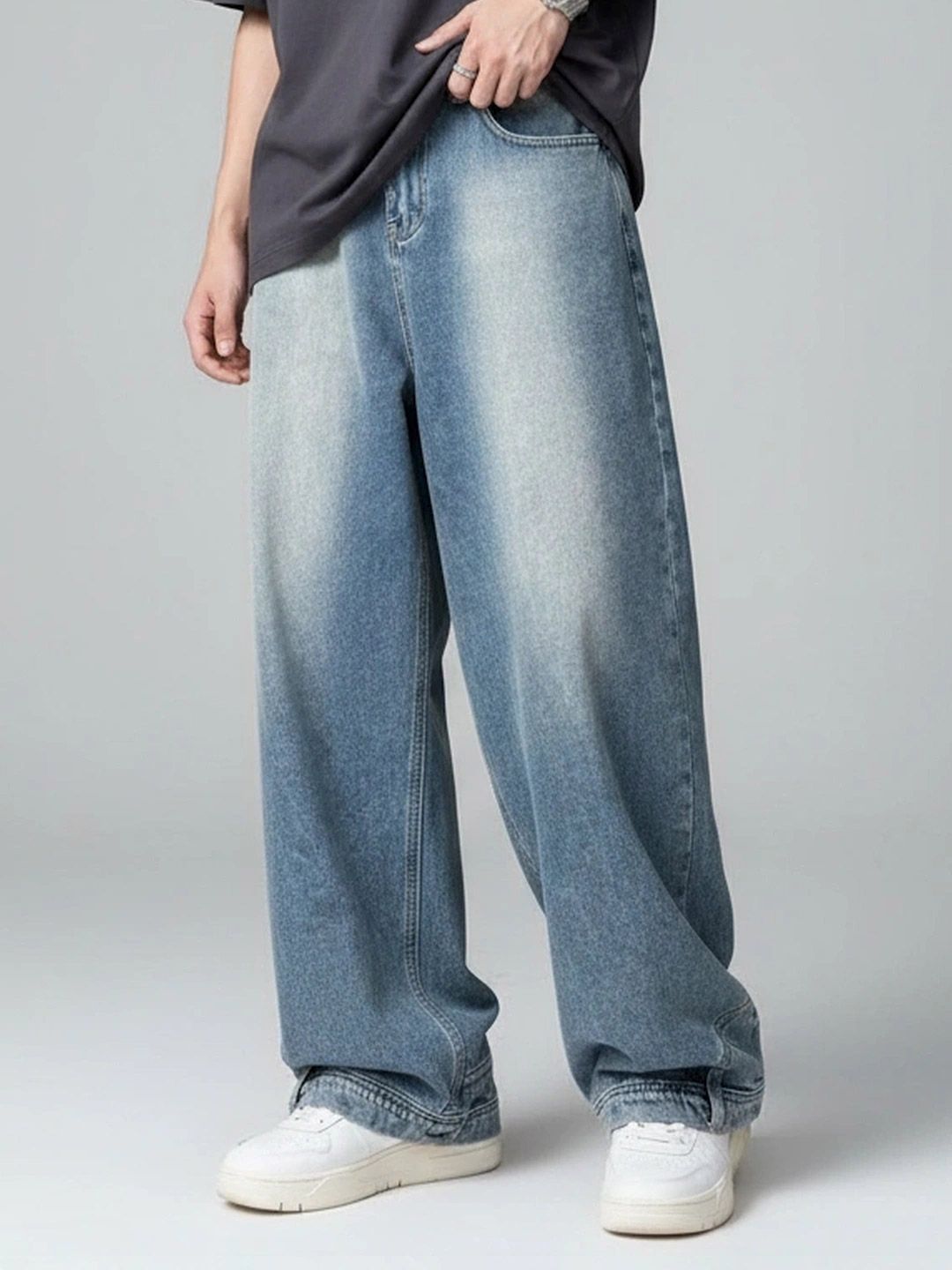 ANDREW HILL Men Wide Leg Mid-Rise Heavy Fade Jeans