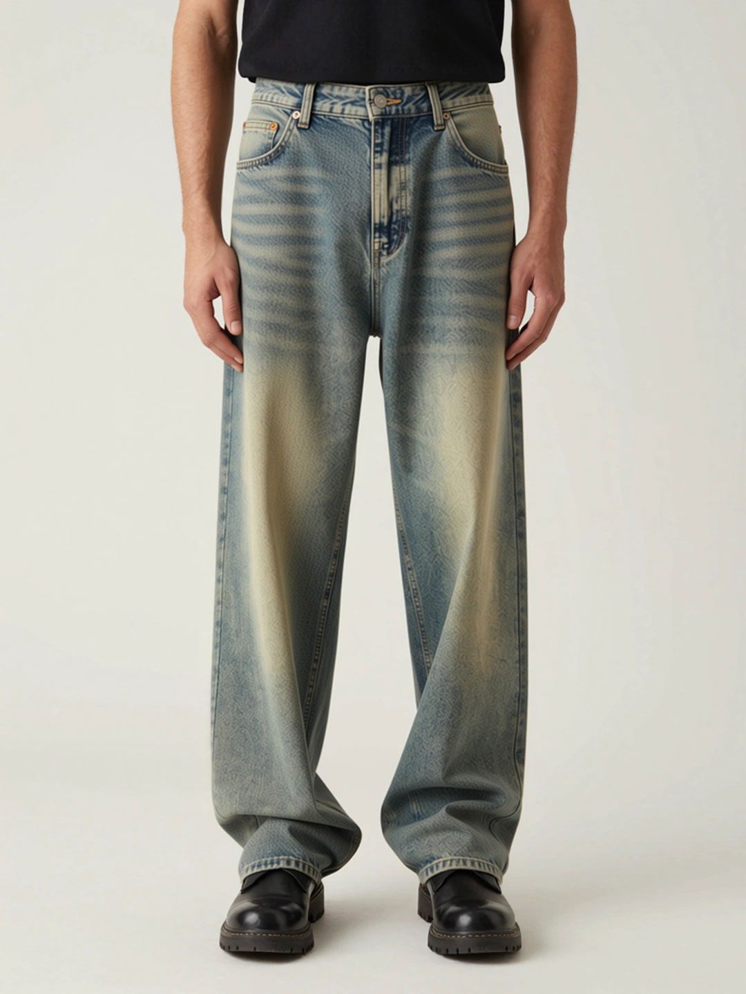 ANDREW HILL Men Wide Leg Mid-Rise Heavy Fade Jeans