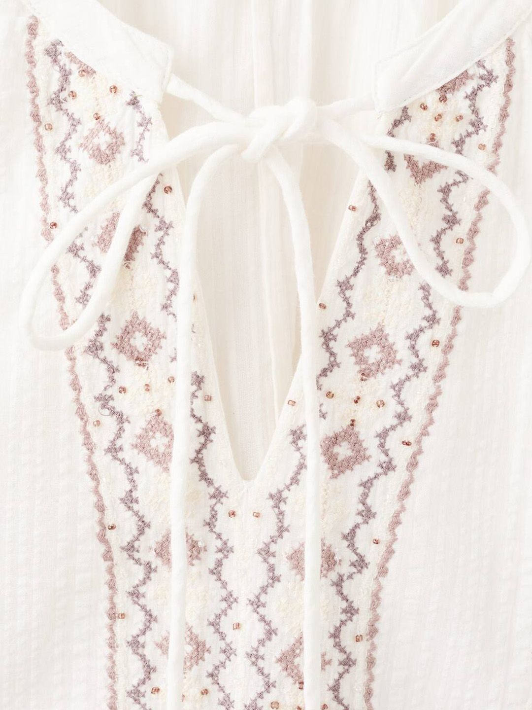 Embroidered Tie-Up Neck Beaded Pure Cotton Top
