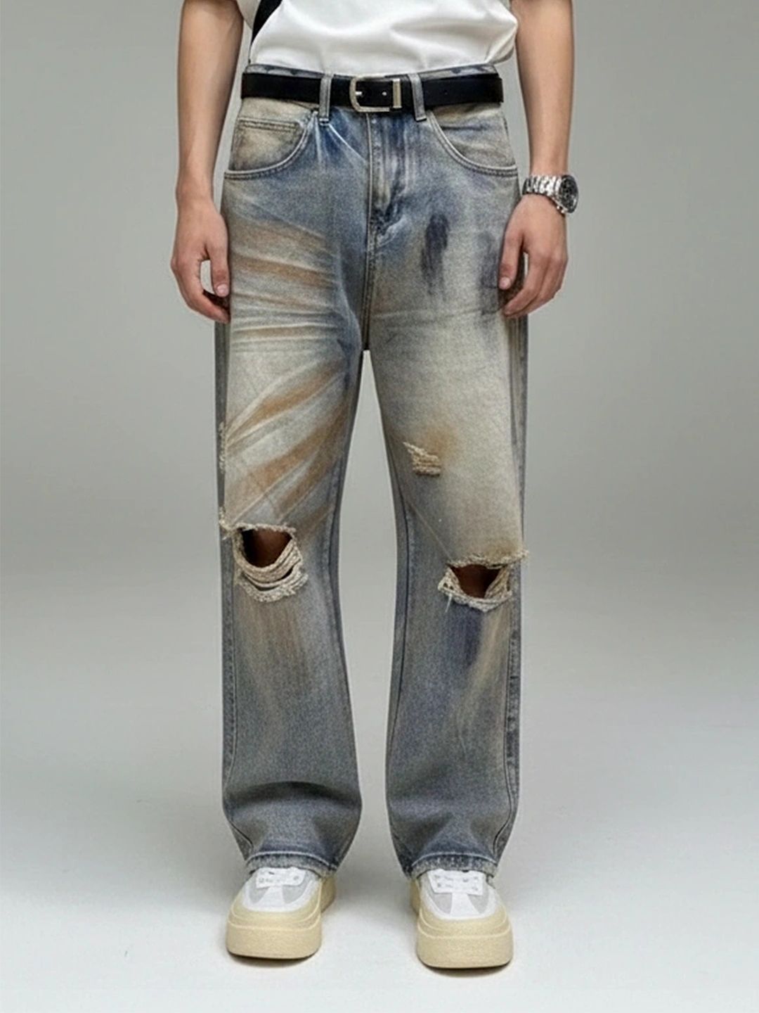 ANDREW HILL Men Baggy Fit Mid-Rise Distressed Heavy Fade Jeans