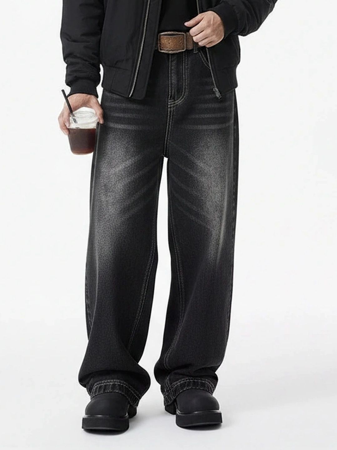 ANDREW HILL Men Wide Leg Mid-Rise Light Fade Jeans