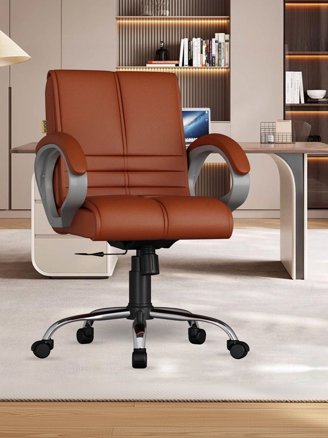 FUGO Tan-Brown & Grey Textured Adjustable Seat Height Study Arm Chair