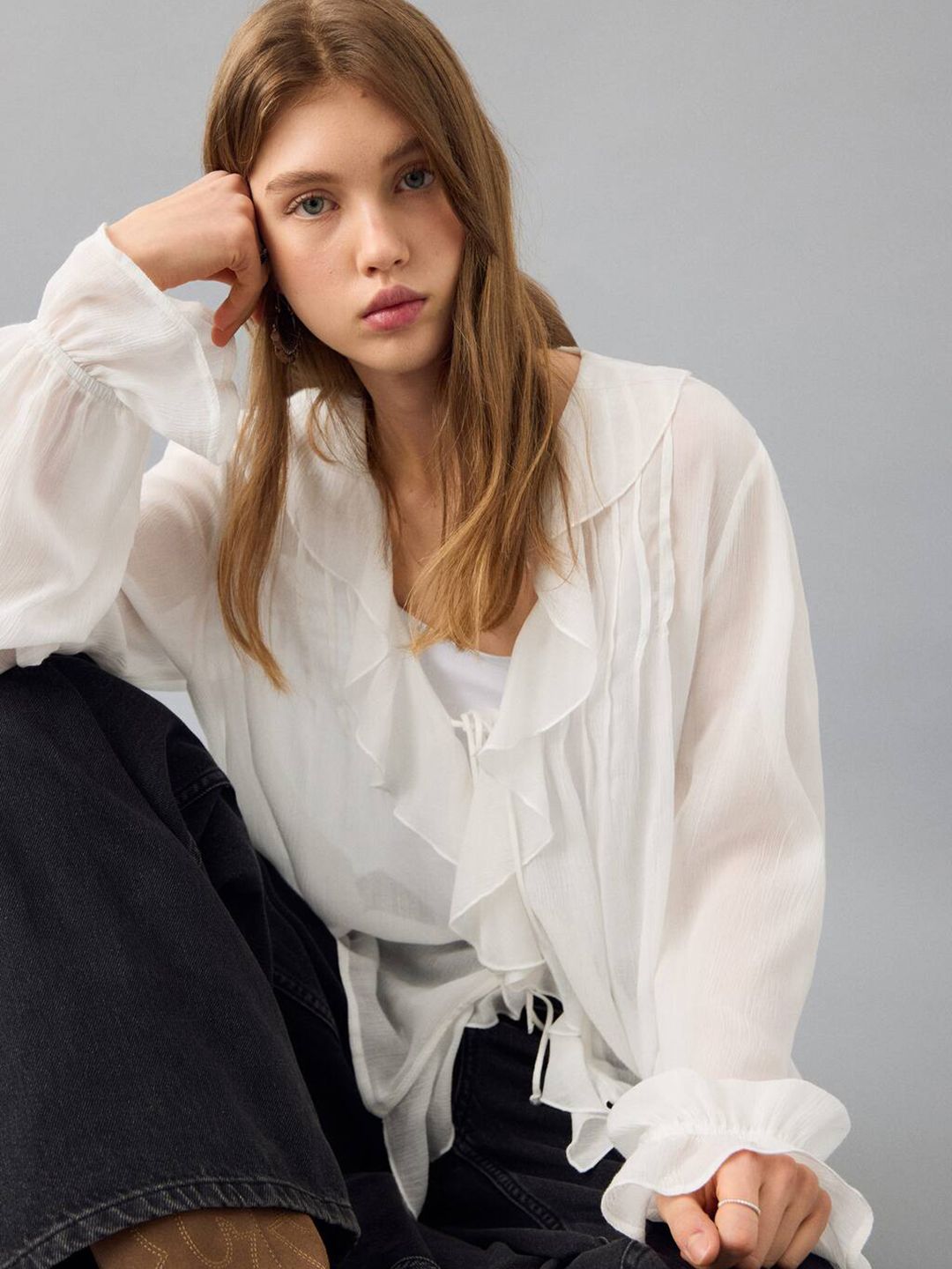 Tie-Up Neck Bell Sleeve Ruffles Top
