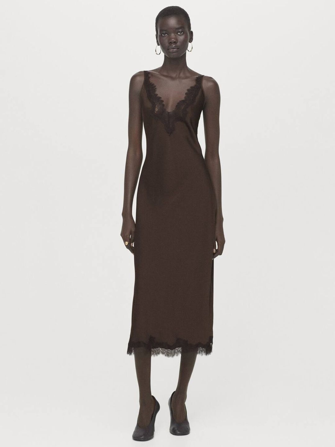 Satin Lace Inserts A-Line Midi Dress