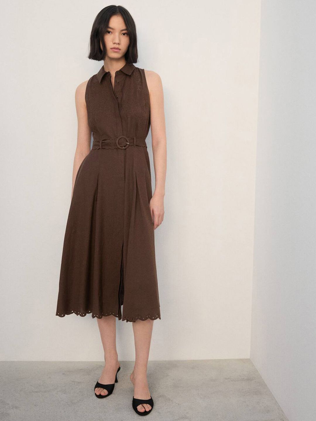 Floral Embroidered Cotton linen Midi Shirt Dress with Belt & Cut-out Detail