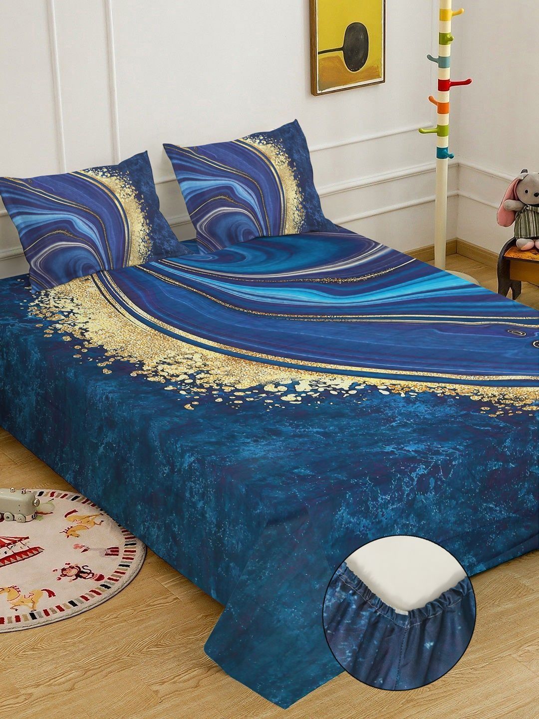 KLOTTHE Blue Abstract Printed Fitted 7D 400 TC Double King Bedsheet With 2 Pillow Cover
