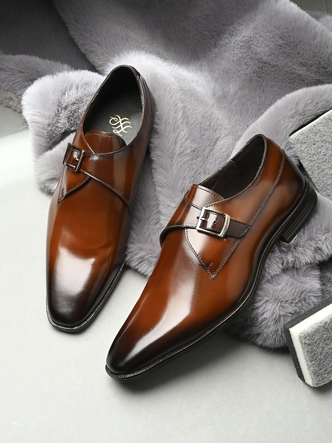 House of Pataudi Men Square Leather Formal Monk Shoes