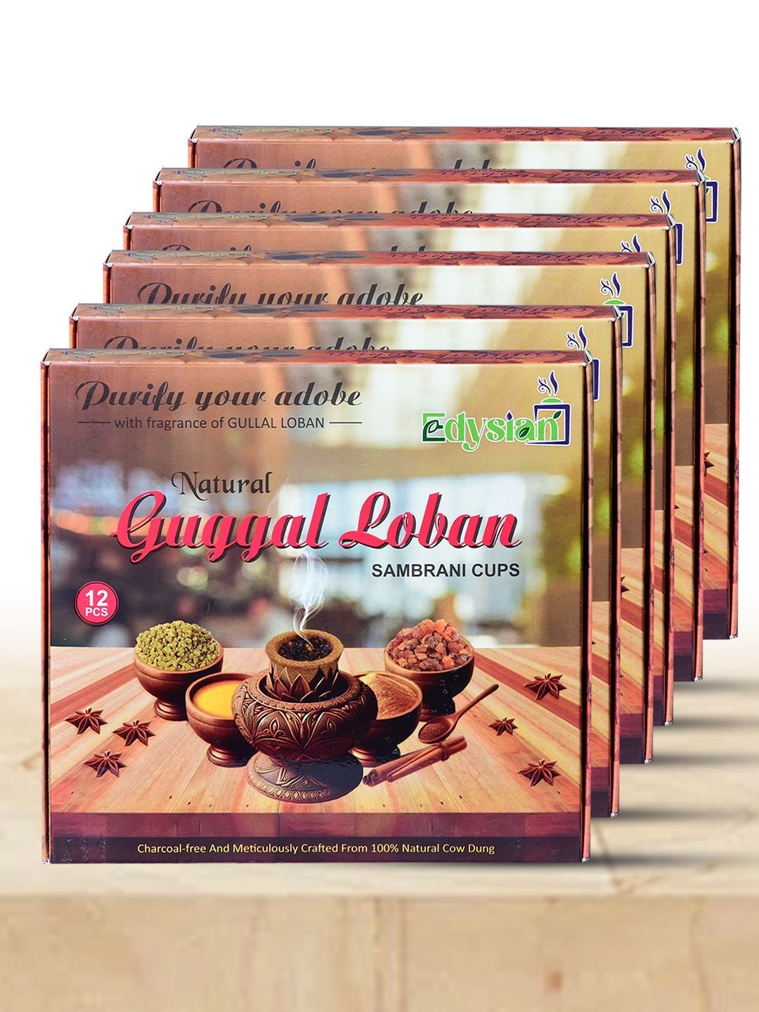 Edysian 6Pcs Brown Guggal Loban Sambrani Dhoop Dani -72 Cups