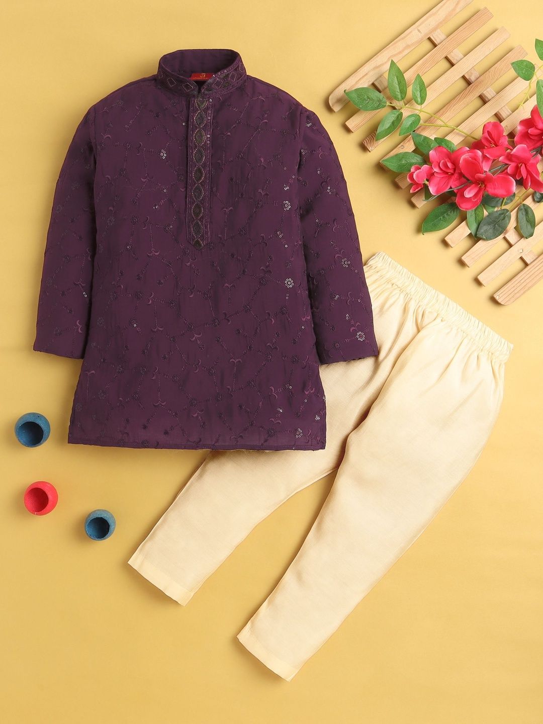 KALINI Boys Ethnic Motifs Embroidered Regular Thread Work Kurta with Pyjamas