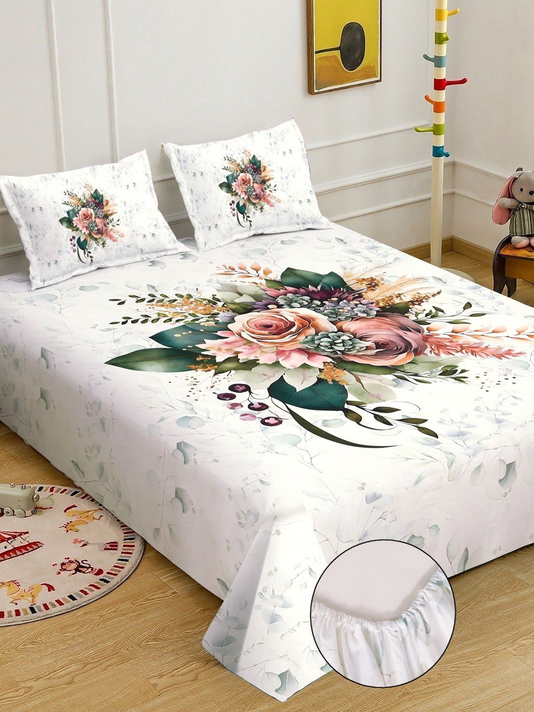 KLOTTHE White Floral Printed Fitted 7D 400 TC Double King Bedsheet With 2 Pillow Cover
