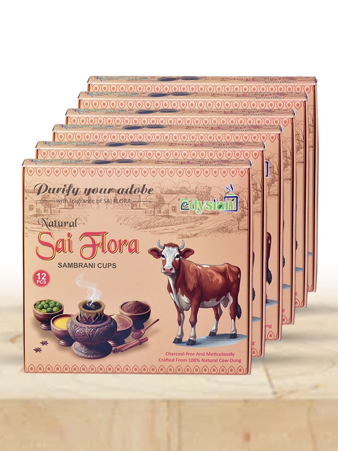 Edysian 6Pcs Brown Sai Flora Sambrani Dhoop Dani -72 Cups
