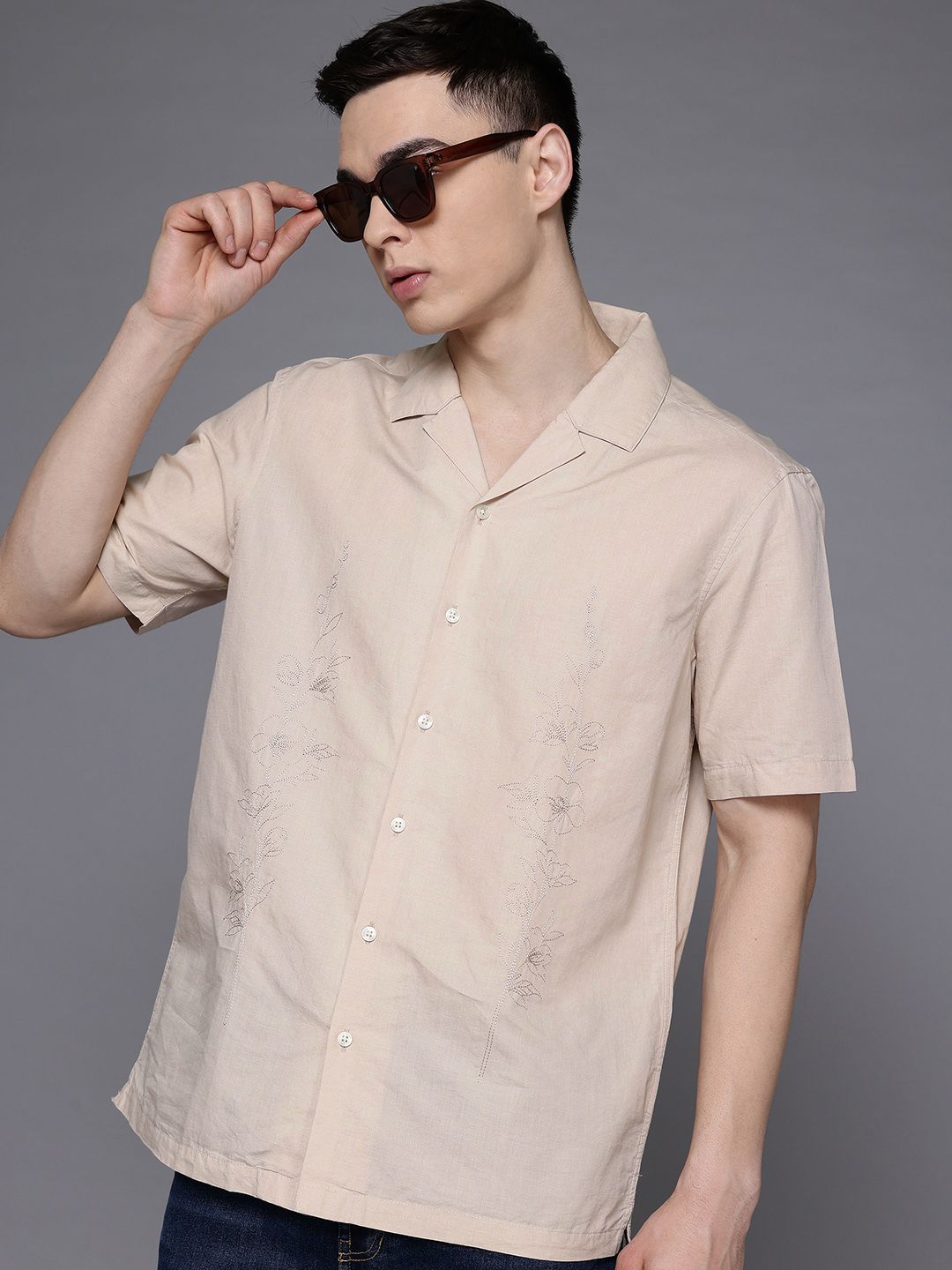 Louis Philippe Louis Philippe Men Slim Fit Cotton Linen Floral Casual Shirt