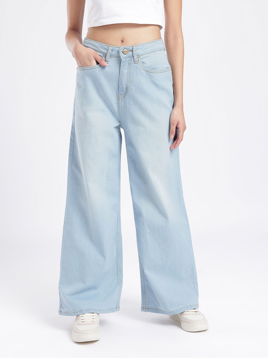 glitchez Women Wide Leg Light Fade Stretchable Jeans