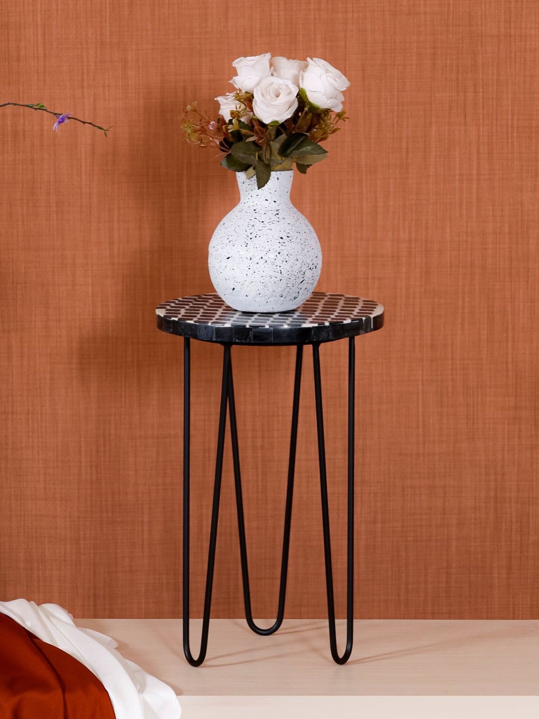 Myntra Elegant Homes Black & White Textured Wooden & Metal Plant Stand With Legs