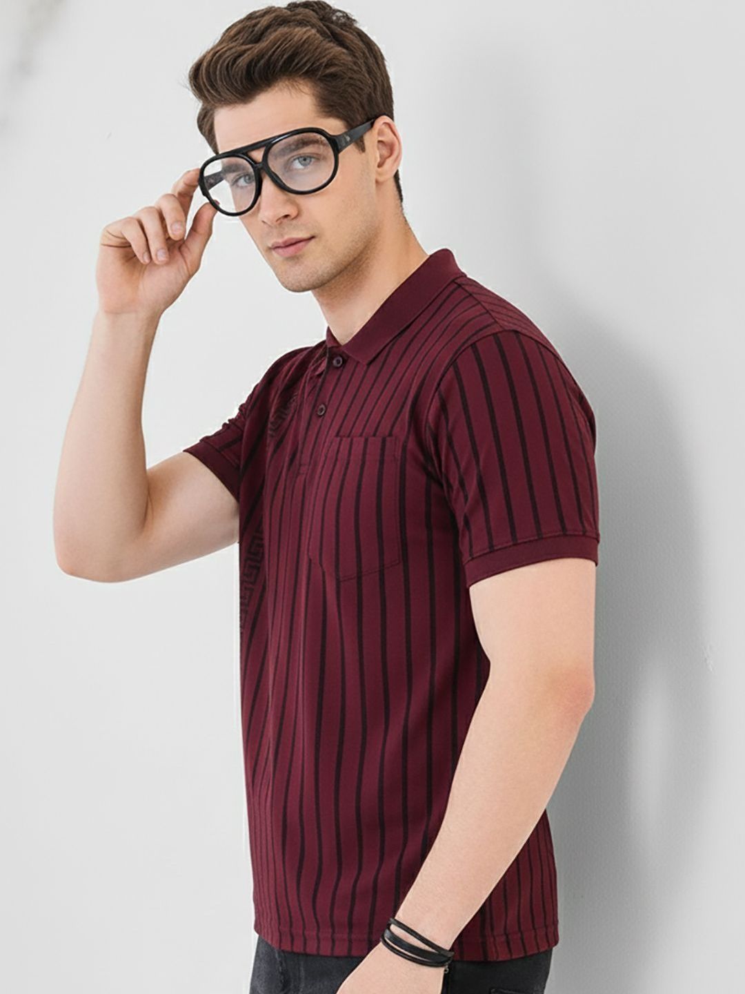 OAKWYN Men Striped Polo Collar Pockets T-shirt