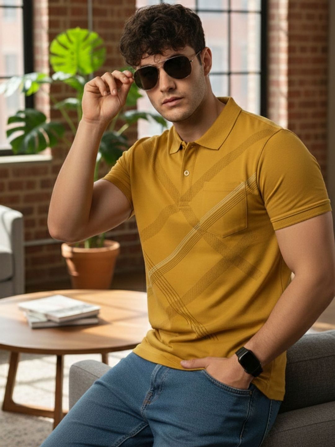 OAKWYN Men Printed Polo Collar Pockets T-shirt