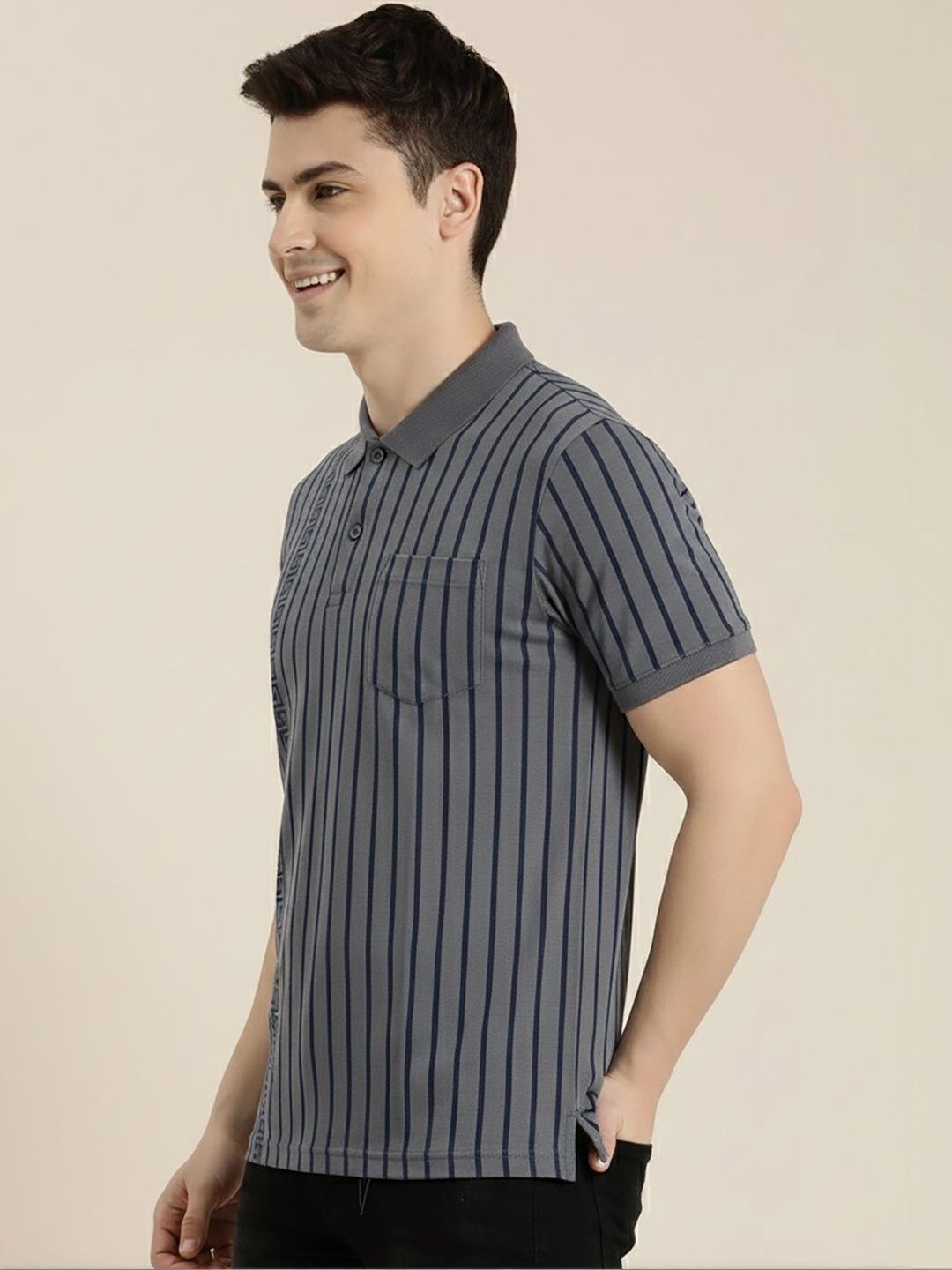 OAKWYN Men Striped Polo Collar Pockets T-shirt