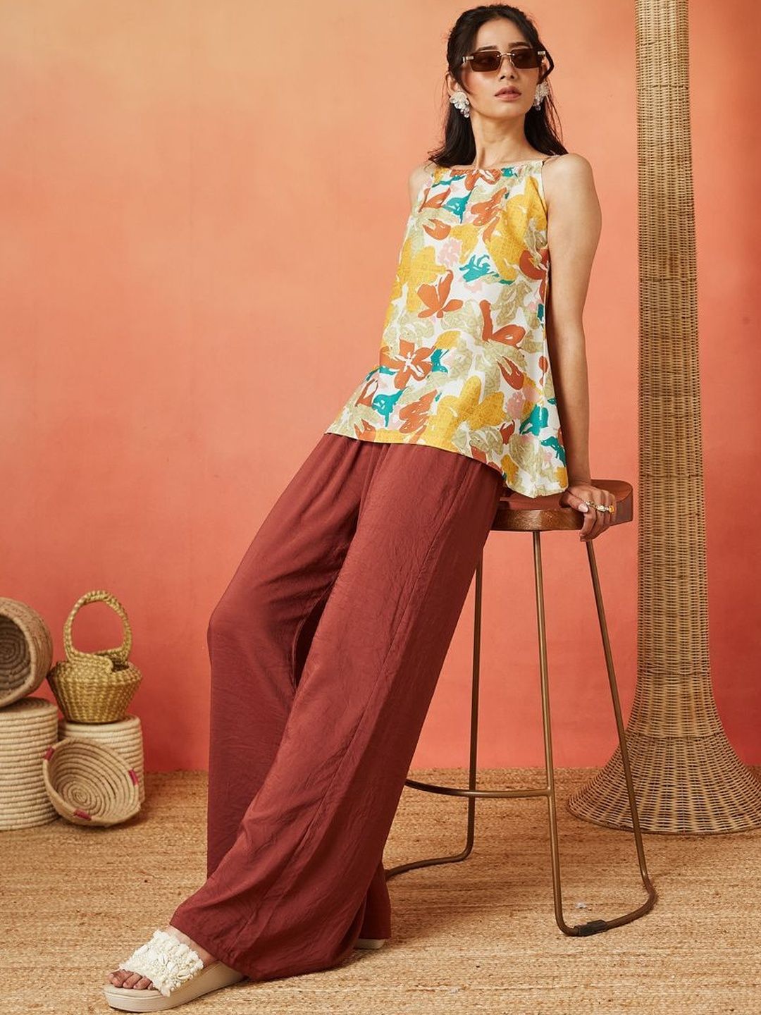 Sangria FUZN Printed Shoulder Straps Tunic & Palazzos Co-Ords