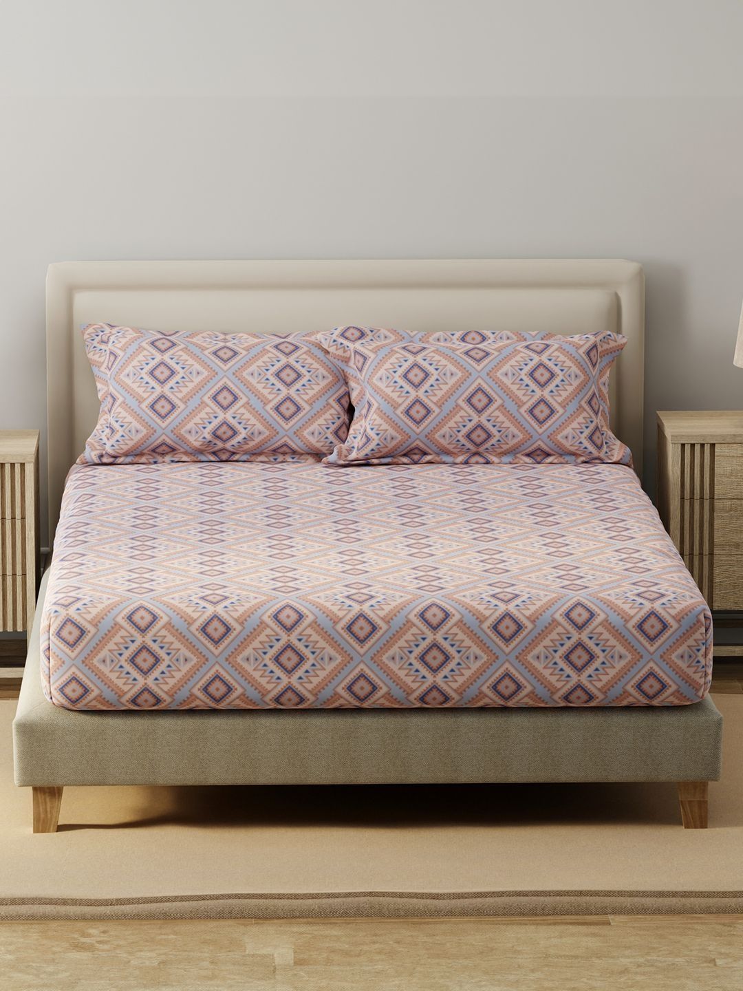 Layers Layers Brown & Blue Geometric 140 TC King Bedsheet with 2 Pillow Covers
