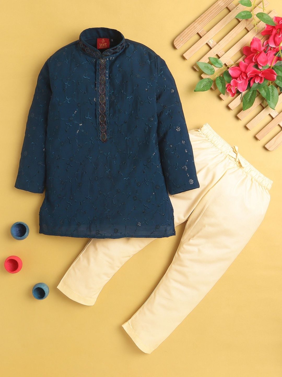 KALINI Boys Ethnic Motifs Embroidered Regular Thread Work Kurta with Pyjamas