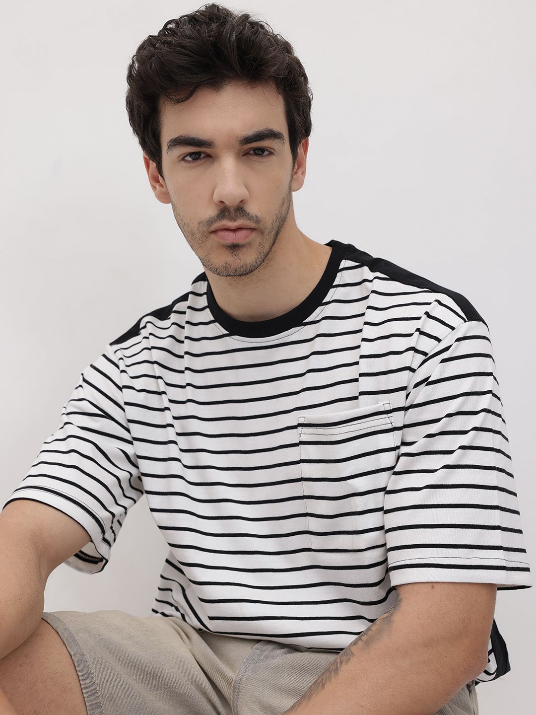 The Roadster Life Co. Striped Drop-Shoulder Sleeves Relaxed T-shirt