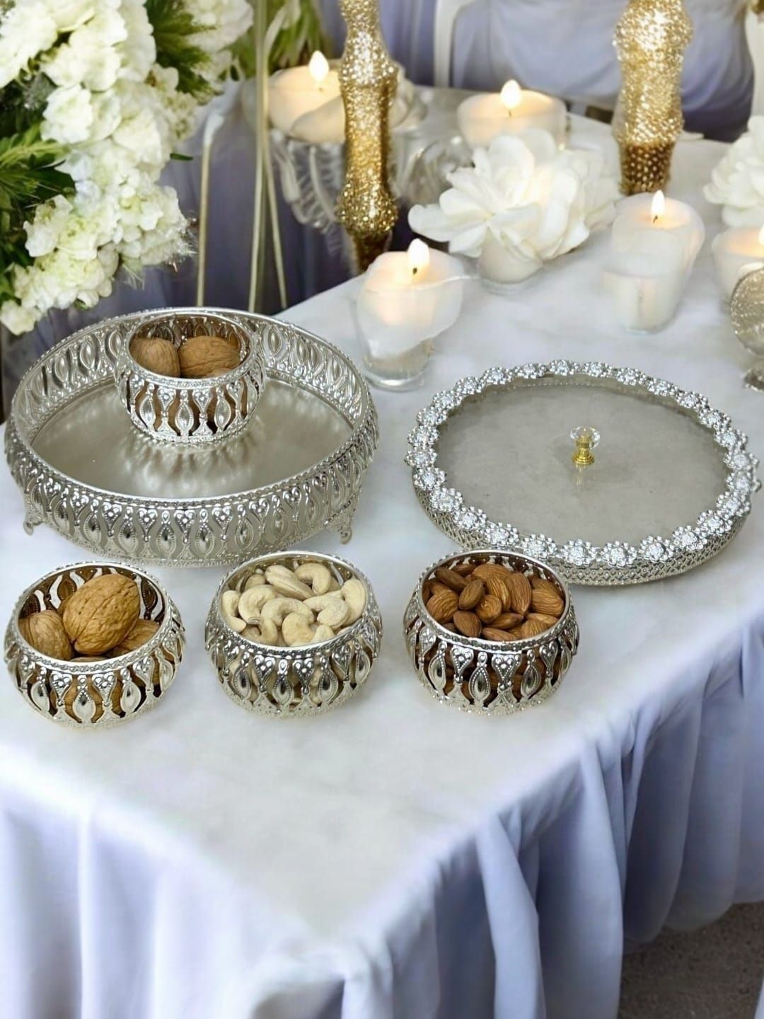 GAURJIA German Silver Metal 4Pcs Bowl Set With Lid & Tray