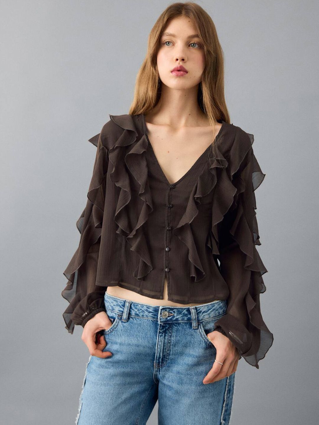 Ruffles Shirt Style Crop Top