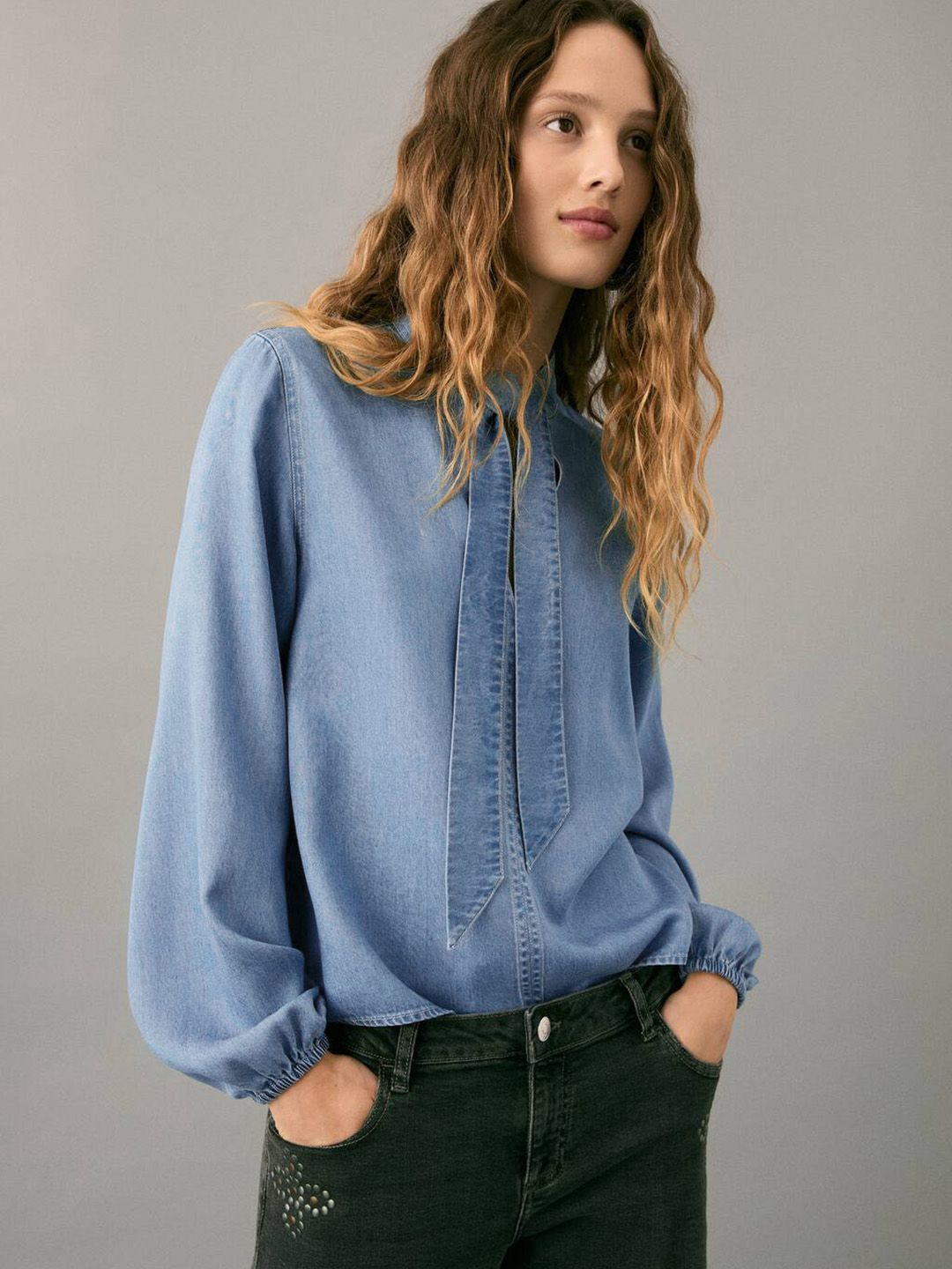 Tie-Up Neck Denim Top